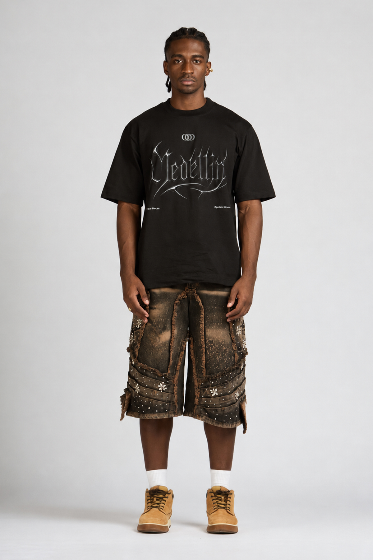 SET CAMISETA Y BERMUDA APPALUSSÉ BLACK ROSE CON PEDRERÍA