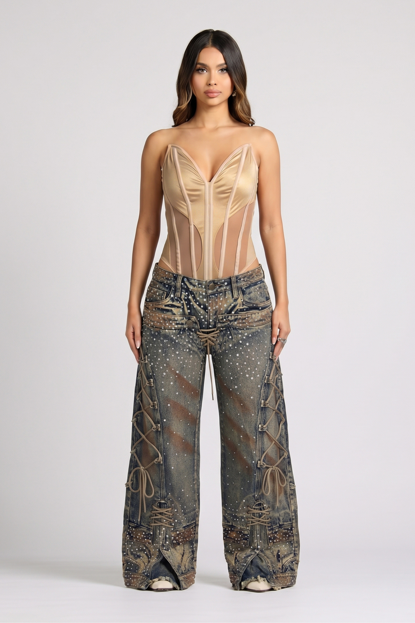SET BODY Y JEAN TIE STRIP CON BRILLOS